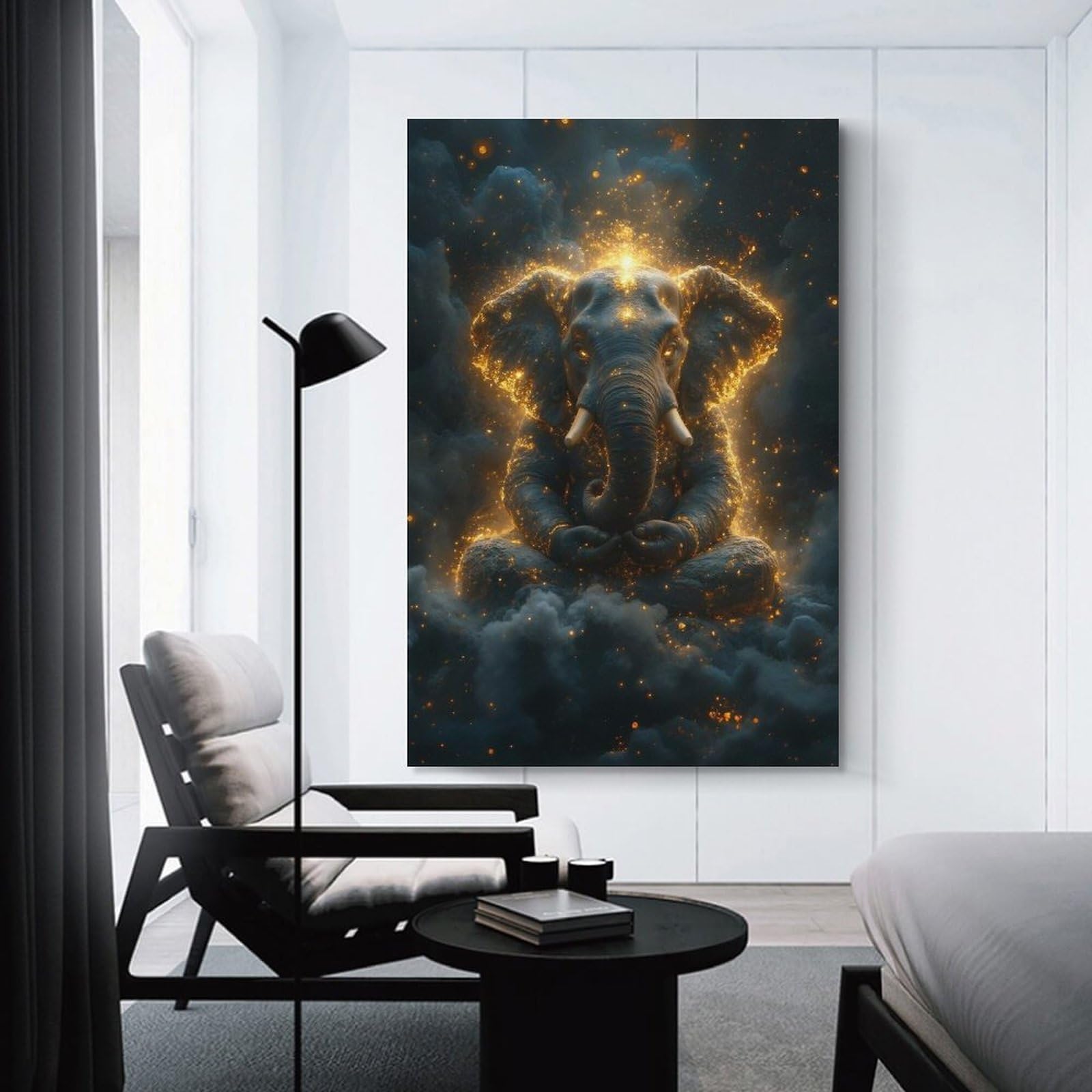 Junmoney Wall Decor Canvas Print Meditating Elephant with Golden Sparkles, 08x12inch(20x30cm), for Bedroom, Lounge Or Dressing Area, Stylish Decor for A Restful Room Update