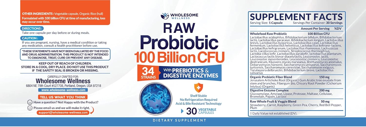 Organic Probiotics 100 Billion CFU, Dr Formulated Probiotics for Women, Probiotics for Men and Adults, Complete Shelf Stable Probiotic Supplement with Prebiotics & Digestive Enzymes; 30 Capsules : Health & Household