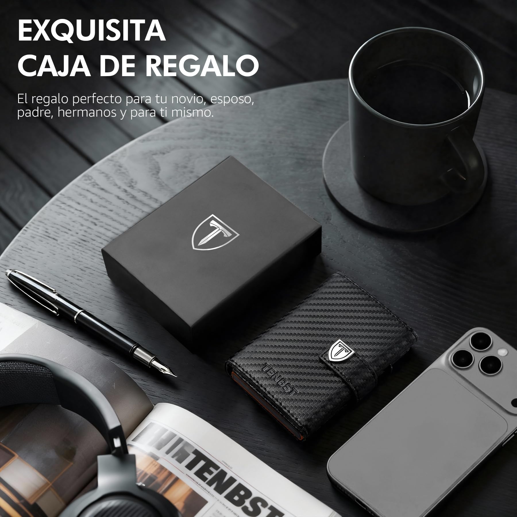 TENBST Cartera para Hombre – Cartera Ultrafina para Hombre con Compartimento para Monedas y protección RFID, Cartera Premium Fina, Cartera de Lujo para 10 Tarjetas de crédito (Negro y Naranja), Negro