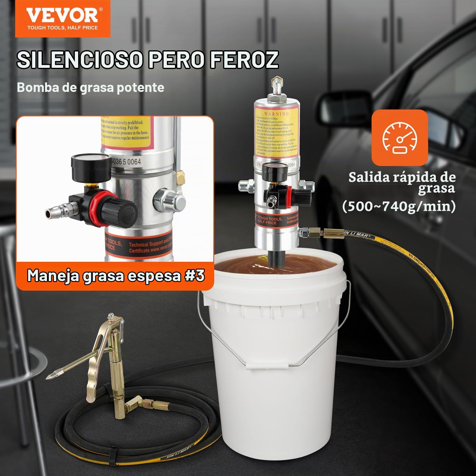 VEVOR Bomba de Grasa Neumática Relación de Presión 50:1 Bomba de Cubo de Grasa Neumática con Manguera de 4 m y Pistola de Grasa Bomba de Grasa de Lubricación con Cabezal de Pistola de Grasa de 360°