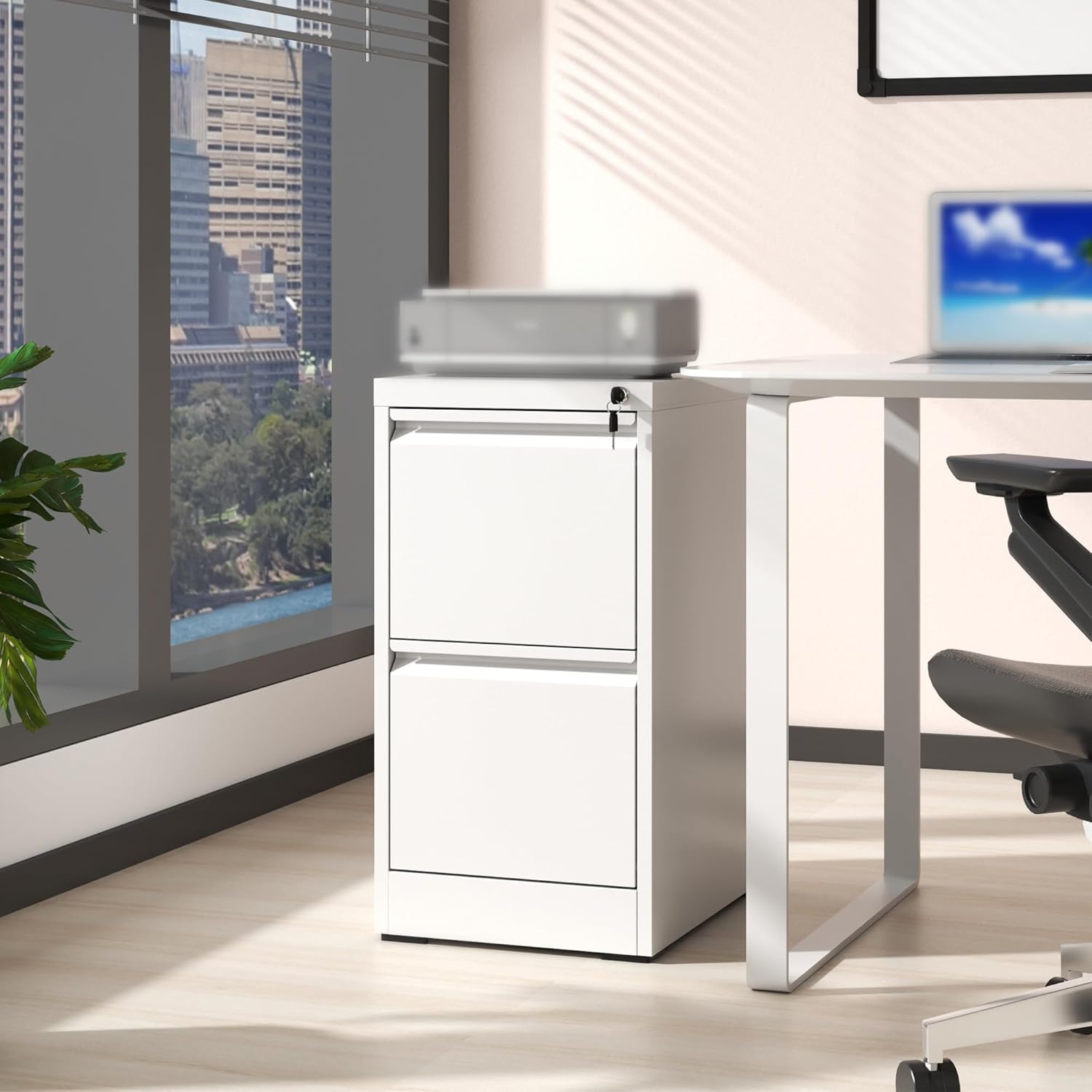 2-Drawer Lockable Metal Upright Filing Cabinet, Heavy-Duty Filing Cabinet, Suitable for Letter-Size, Legal-Size, and A4/F4 documents (White)