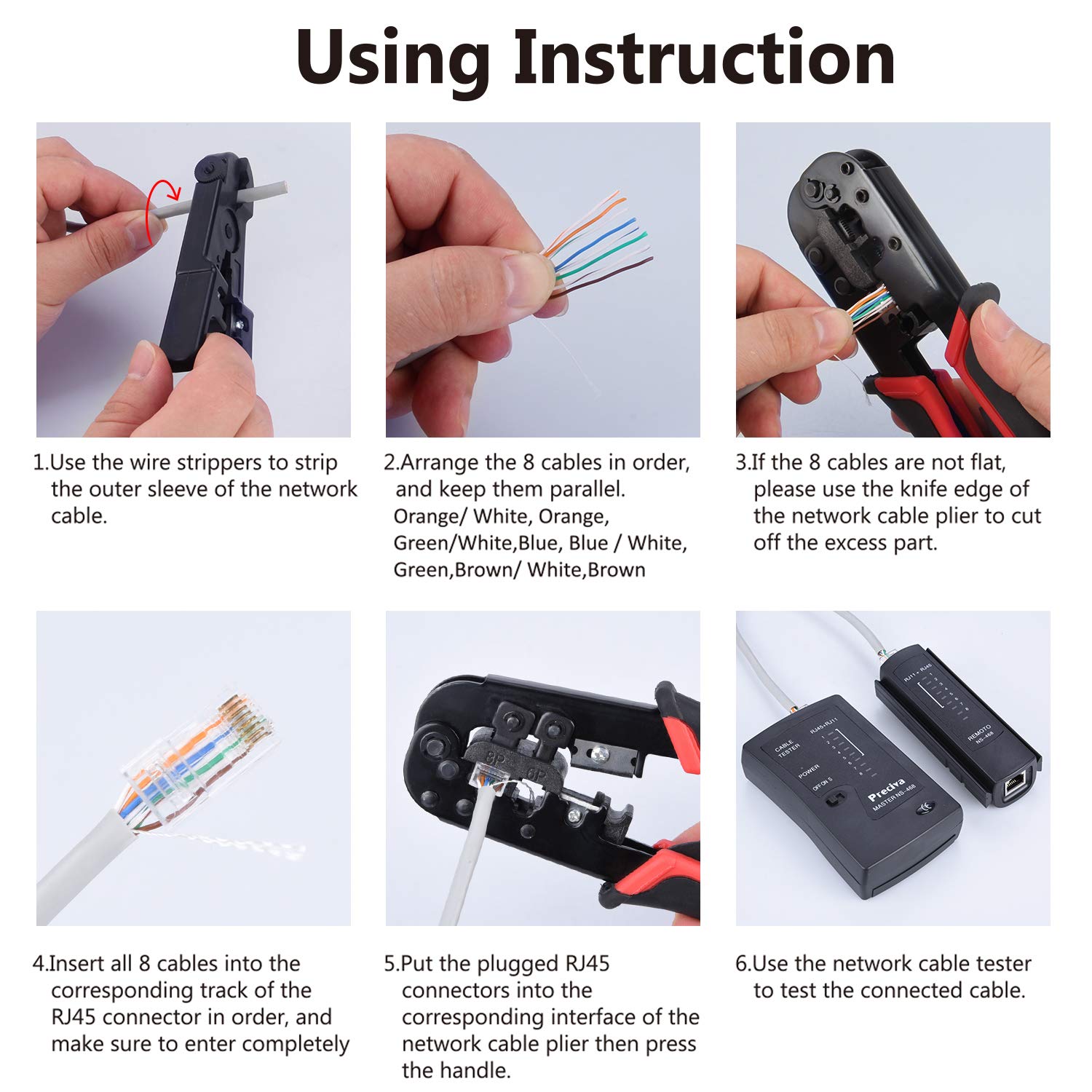 Preciva Kit de Crimpadora Rj45, 3 en 1 Caja herramientas con crimpadora, Tester RJ45, Cable RJ45, Roseta RJ45 y Juego Herramientas para Instalación Profesional