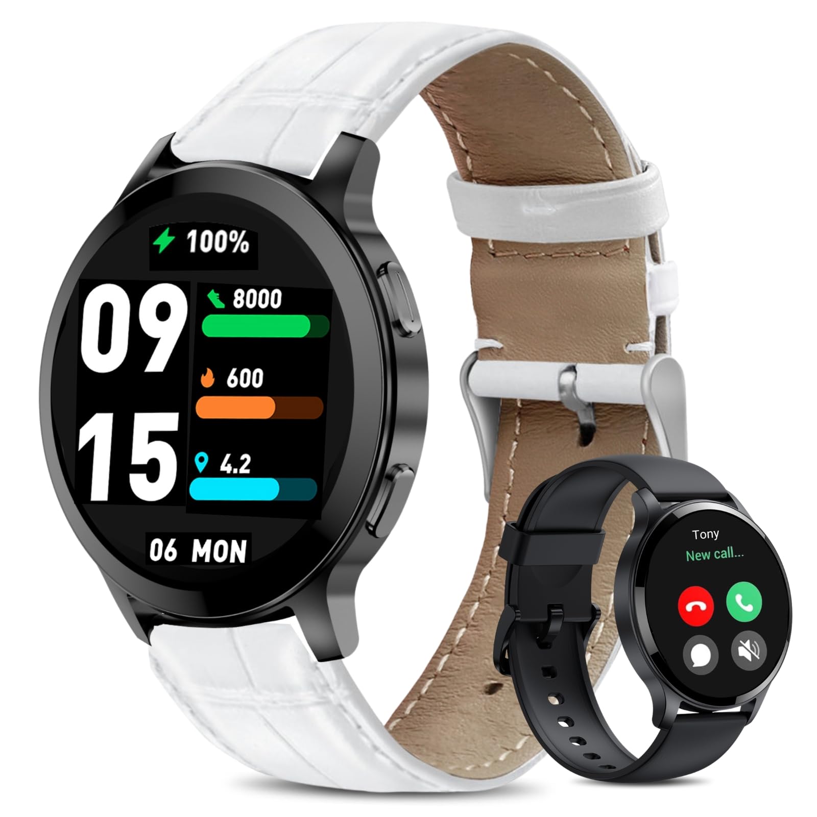 Smartwatch damski z funkcją telefonu, 1,5" zegarek fitness na rękę, zegarek sportowy z pulsometrem, sterowanie muzyką, krokomierzem, kalorii, wodoszczelny tracker fitness (Z-biały/skóra, 1.5")