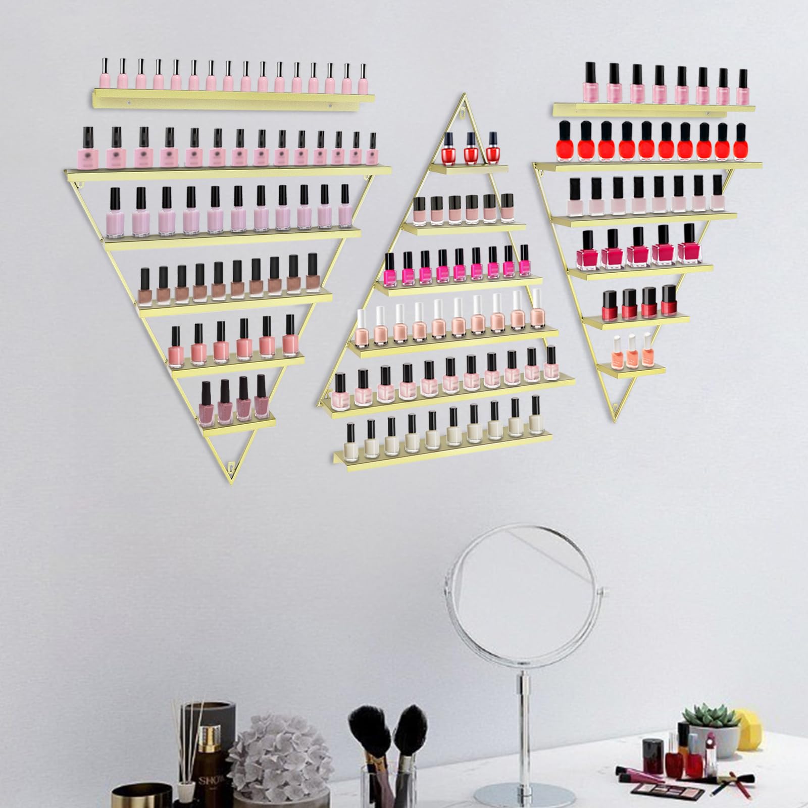 KONKENIE 5 Tier Nail Polish Display Rack Wall-Mounted Metal Storage Shelf Simple Triangular Floating Combo Holder Essential Oil & Perfume & Cosmetic Stand for Home Nail Salon Shop (6PCS Gold)