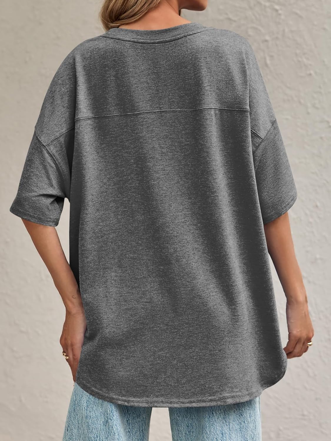 Tankaneo Womens Oversized Crewneck Shirts Short Sleeve Off The Shoulders Tops Curved Hem Tshirt - Image 5