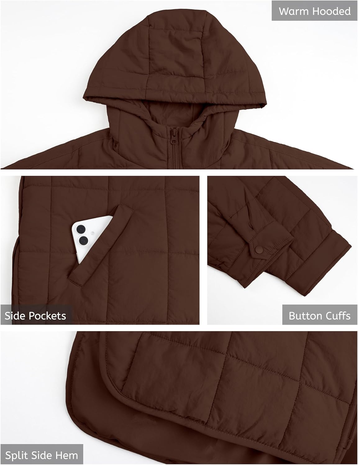 Bianstore Womens Oversized Splice Quilted Lightweight Hooded Puffer Jacket Casual Padded Coat(Brown-S) - Image 6