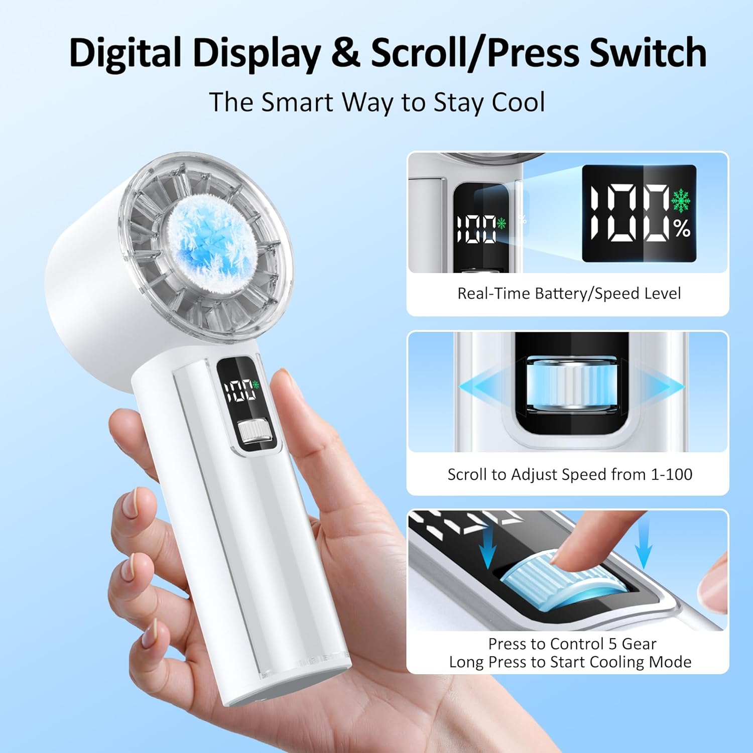 Handheld Fan with Ice Cooler, Mini Portable Fan Rechargeable, 18Hrs Cooling, 0-100 Adjustable Speed, Small Yet Powerful, Personal Hand Fans for Travel, Beach, Outdoor, Makeup, Gifts for Women