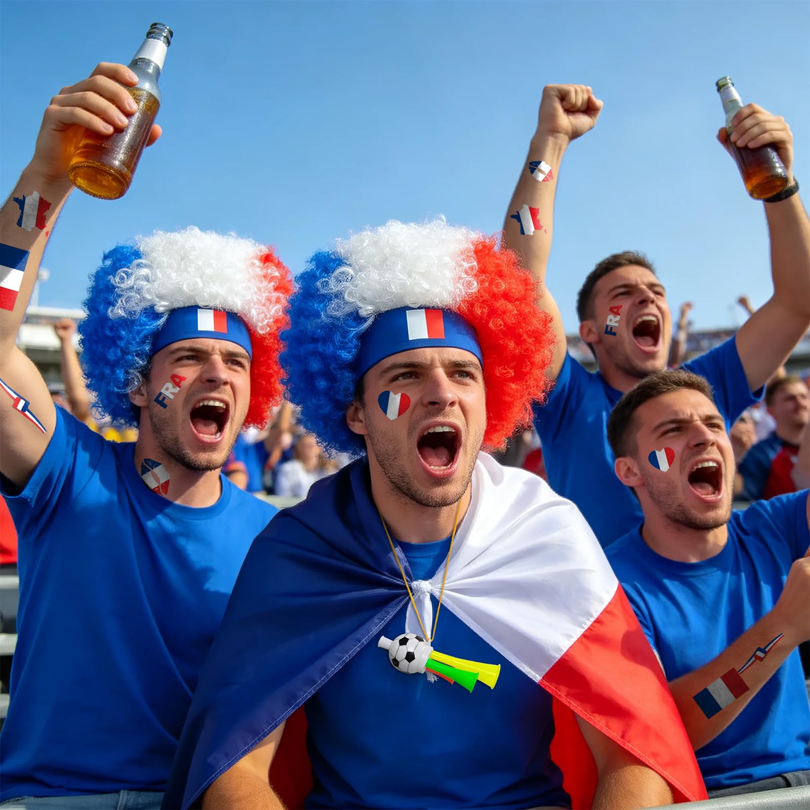 2026 Soccer Fan Gear Set – France Flag Clown Wig, Temporary Tattoos & Loud Horn – Cheer Accessories for International Football Matches, Stadium Parties & Global Tournament Celebrations — view 6