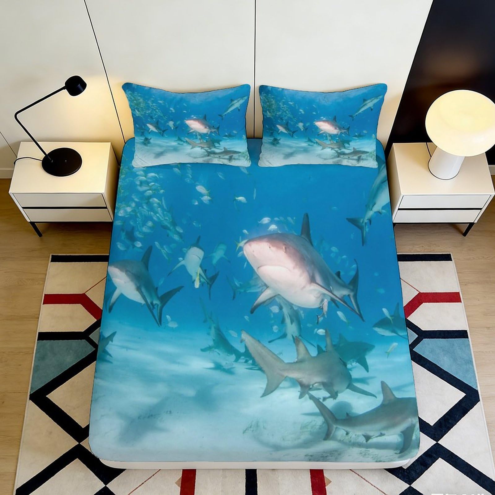 3D Printed Shark Ocean Fitted Sheet Microfiber Soft Blue Underwater Fish Mattress Cover for Bedroom Dorm Protection Decor 90x200x25cm