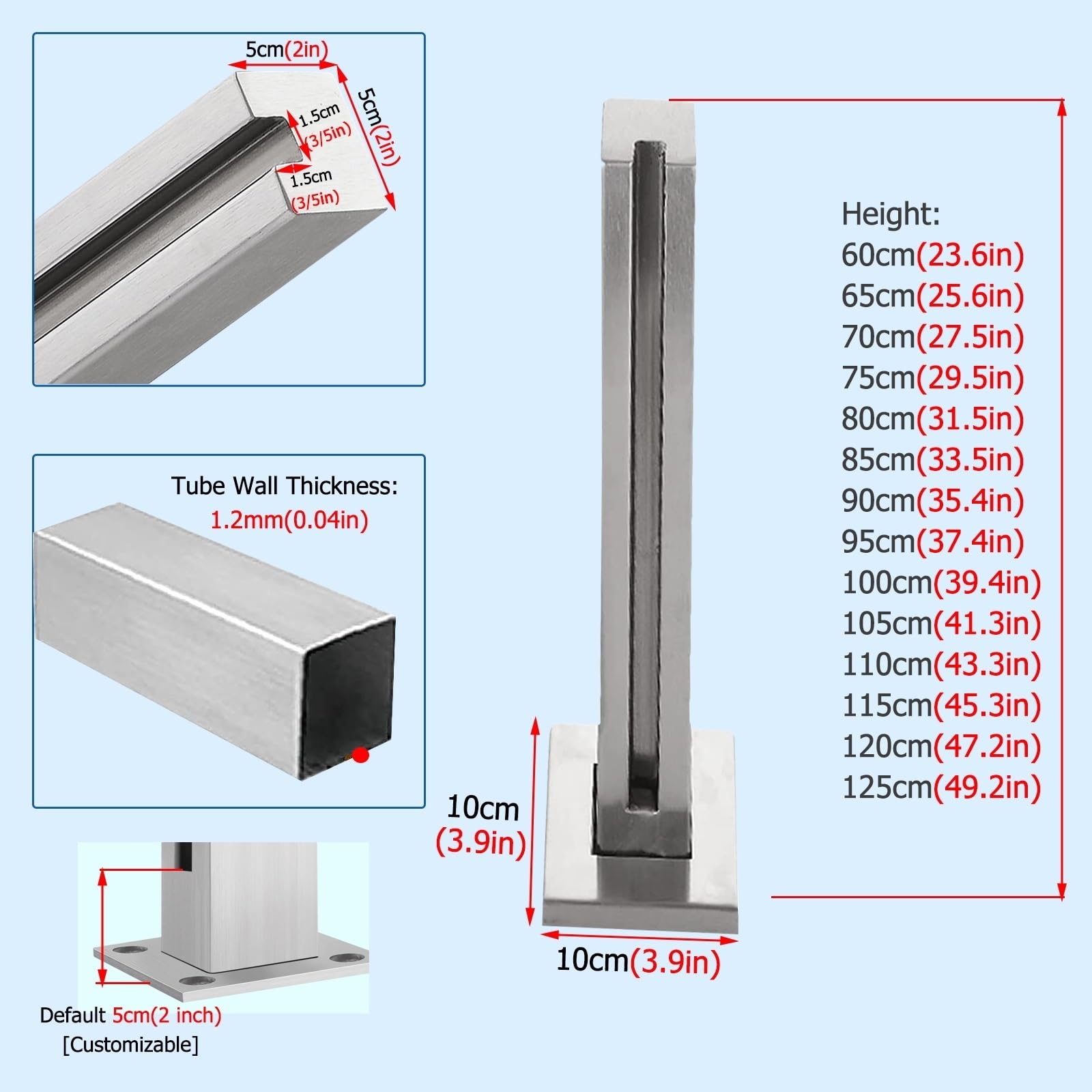 Kit per ringhiera in Vetro, ringhiera per Balcone in Vetro Alto - Morsetto per Recinzione per Piscina in Acciaio Inossidabile con Montaggio a Pavimento Regolabile da 26" a 45" per terrazza,