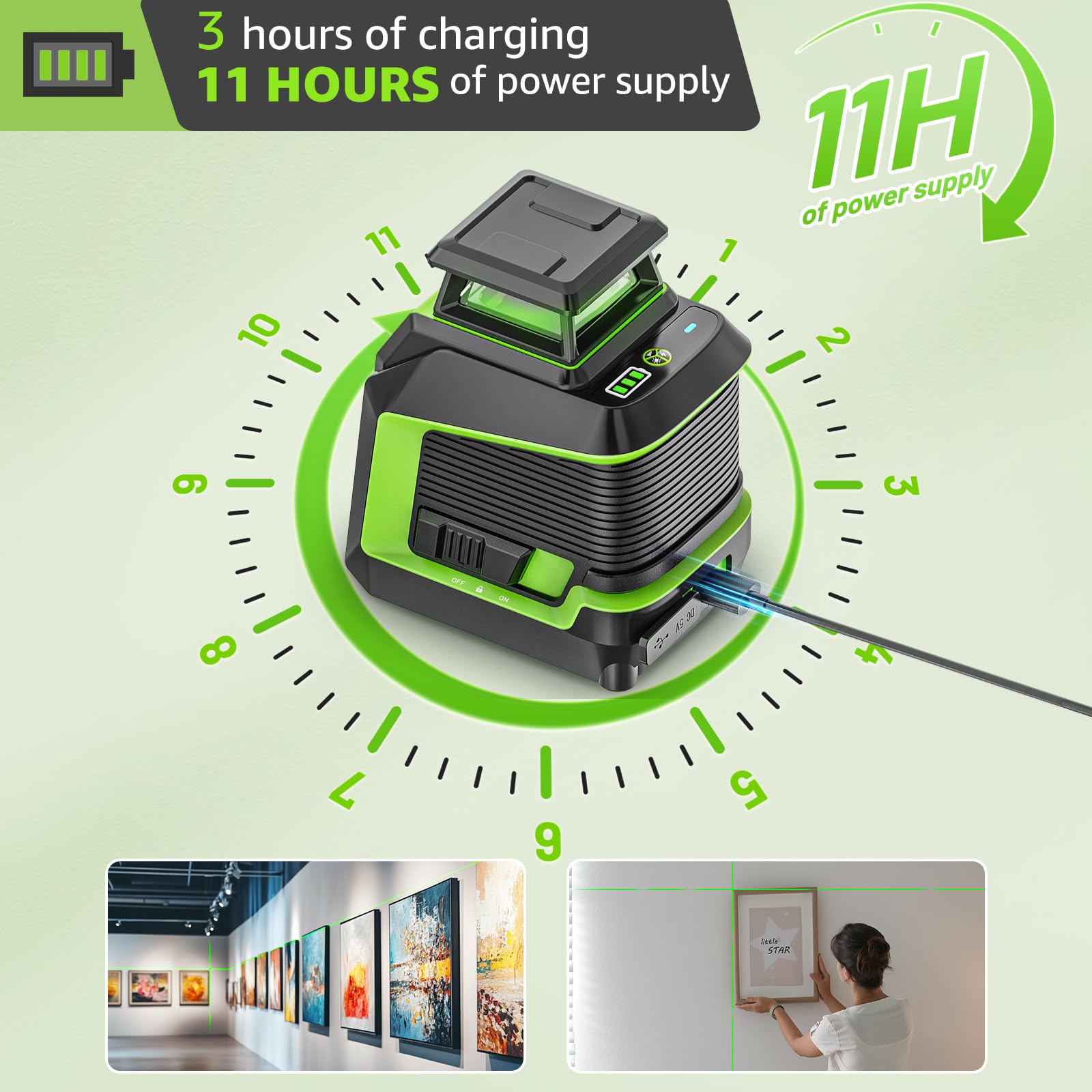 Huepar 360° Livella Laser Verde con Treppiede da 150cm, Modalità a Impulsi, 3 Regolazioni Della Luminosità, USB-C Ricaricabile, Ideale per Progetti Fai Da Te in Interni