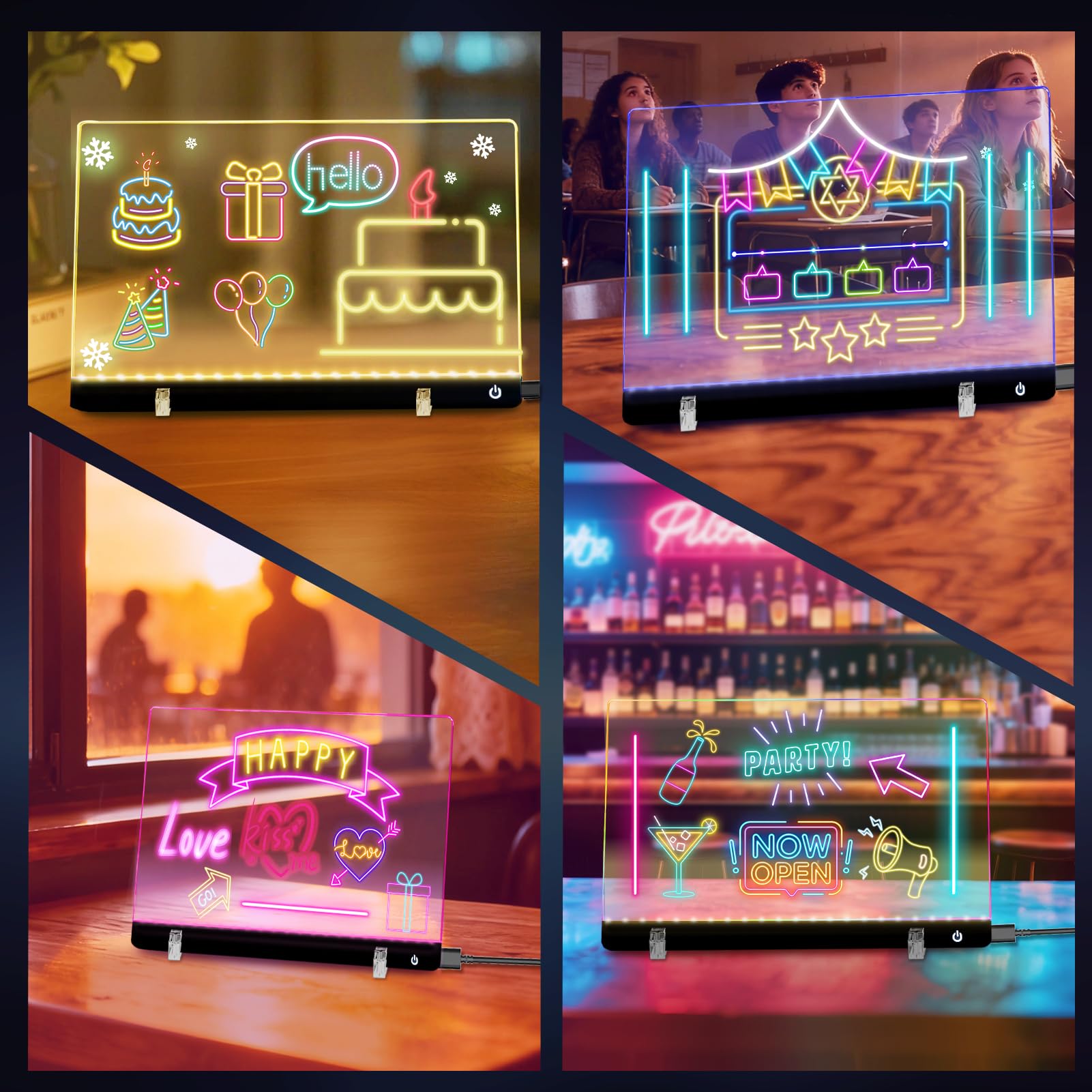 Plexy Light Lavagna LED Luminosa Multicolore 20x20 Cm – Base Rigida E Pieghevole, Pennarelli Inclusi, Alimentazione USB, Perfetta Per Messaggi E Disegni Creativi