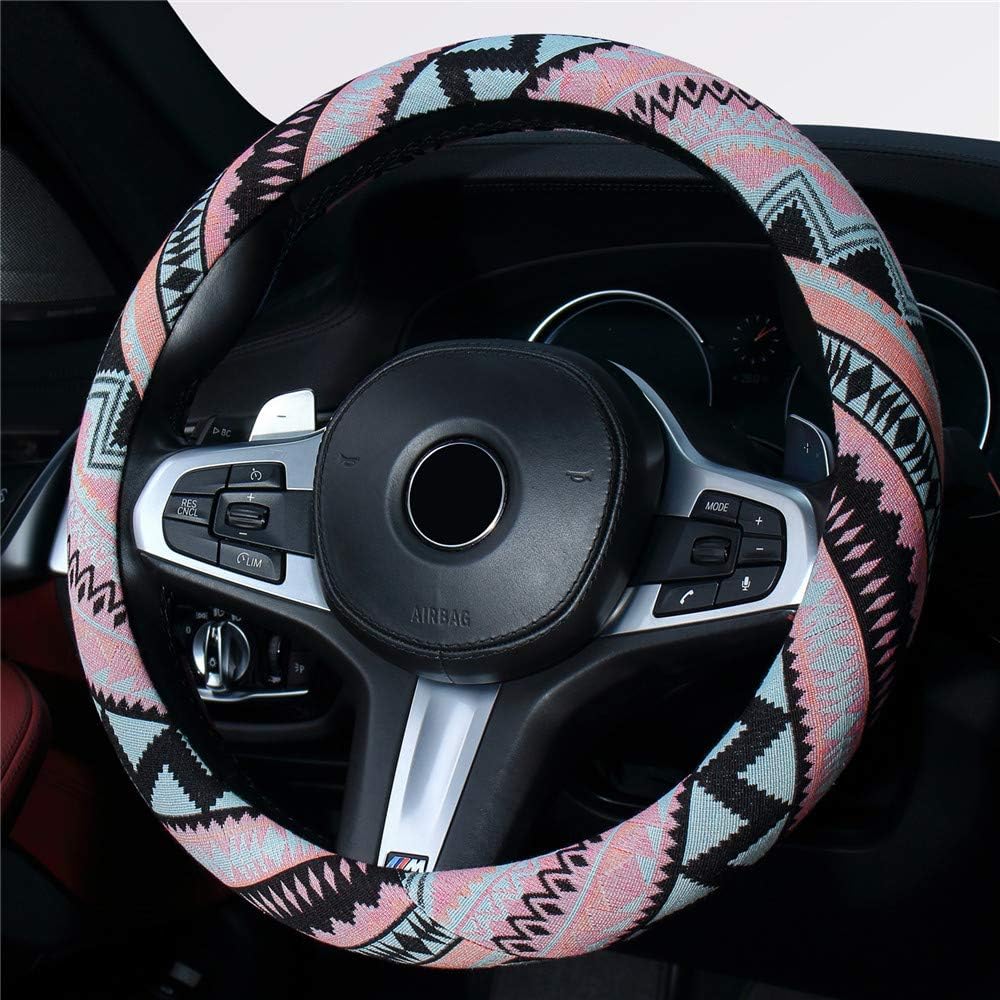 Istn Ethnic Style Coarse Flax Cloth Automotive Steering Wheel Cover Anti Slip and Sweat Absorption Auto Car Wrap Cover (K, 14.5''-15'')