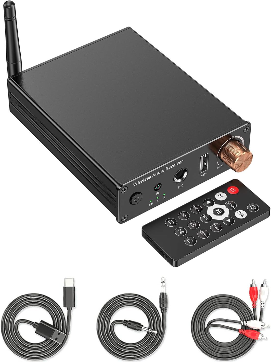 Bluetooth 6.0 Music Receiver Adapter with 3.5mm AUX, RCA, USB, Type-C Charging, and Dual-Device Connectivity for Phones and Tablets US