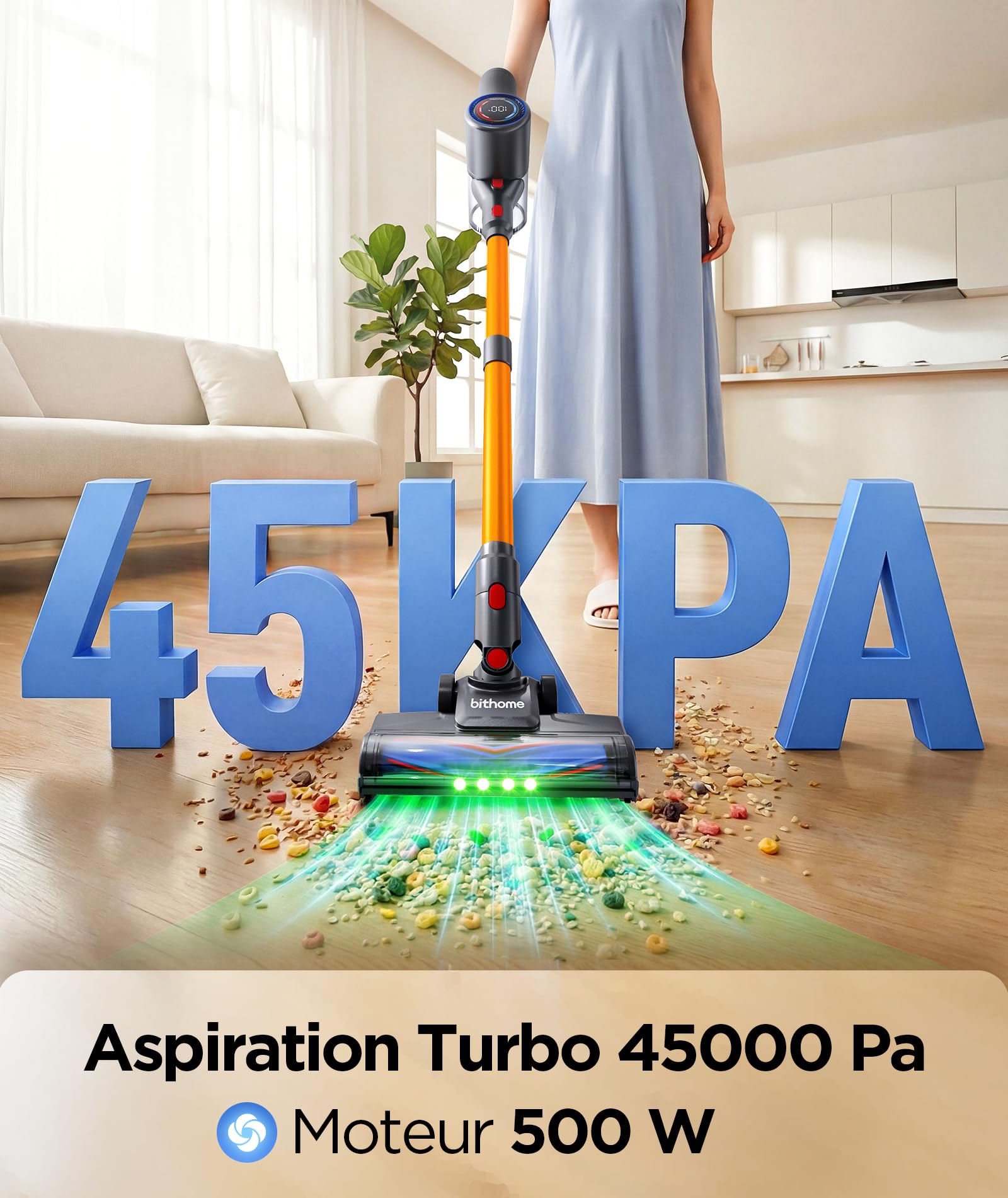Z8PRO Aspirateur Balai sans Fil, 45Kpa 500W 65Min LED,6 en 1