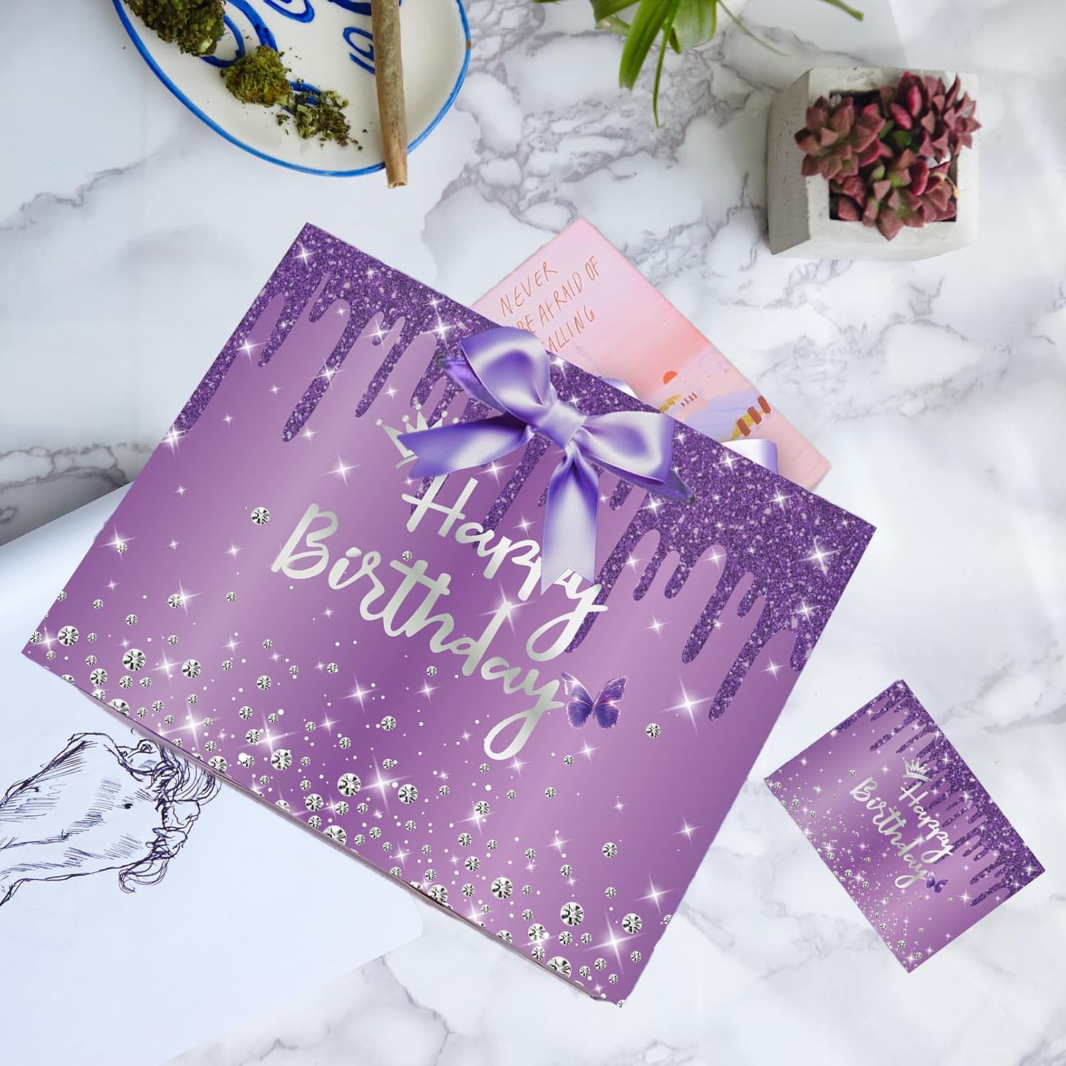 SolarGlory Purple Birthday Gift Bag Set with Greeting Card and Lavender Tissue Papers for Women Girls Girlfriend Daughter Birthday Party Decorations Mother’s Day Valentine’s Day image 2