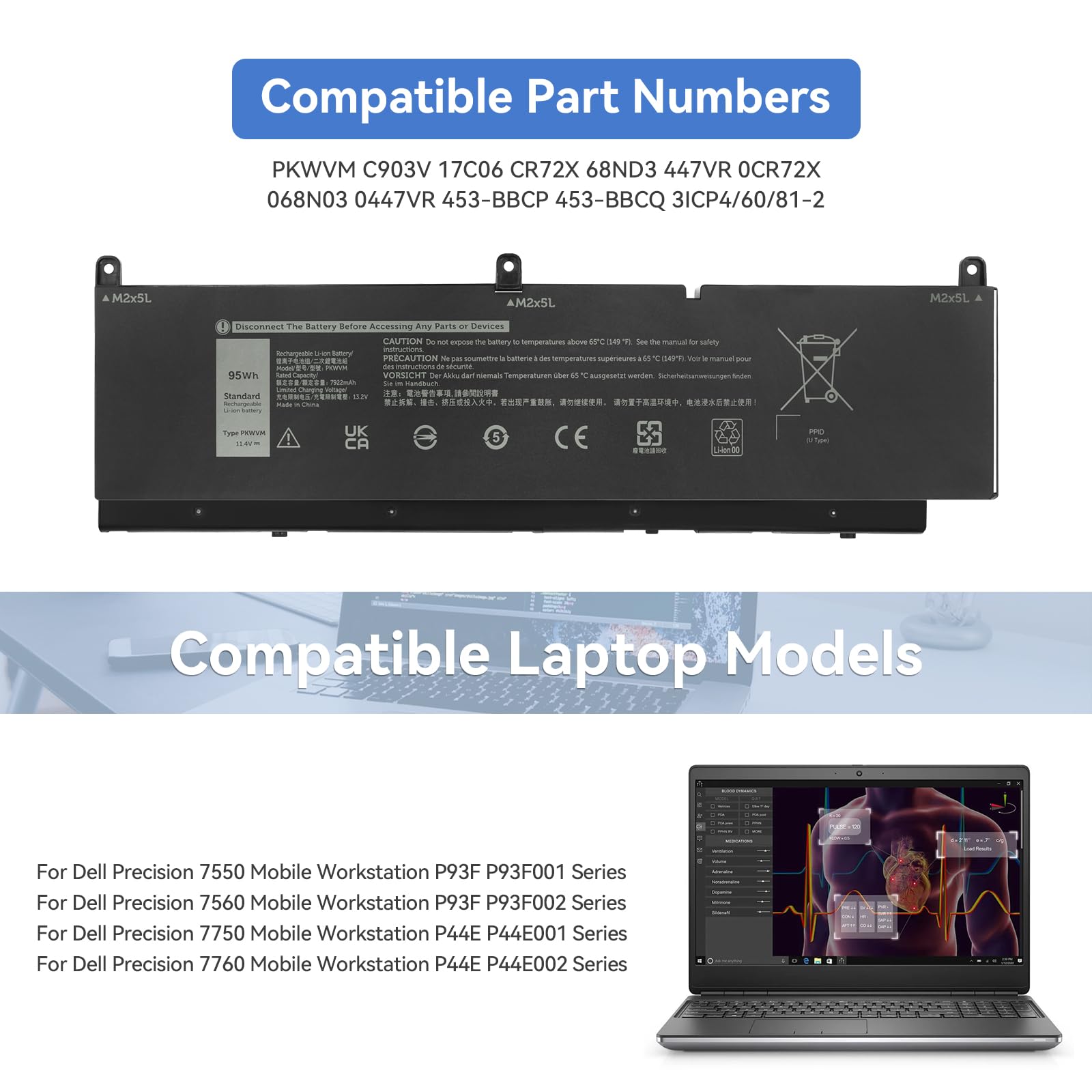 K KYUER PKWVM Laptop Batterie pour Dell Precision 15 7550 7560 17 7750 7760 Mobile Workstation C903V CR72X 447VR 68ND3 17C06 0CR72X 453-BBCQ P44E P93F P44E001 P44E002 P93F001 P93F002 Notebook Battery