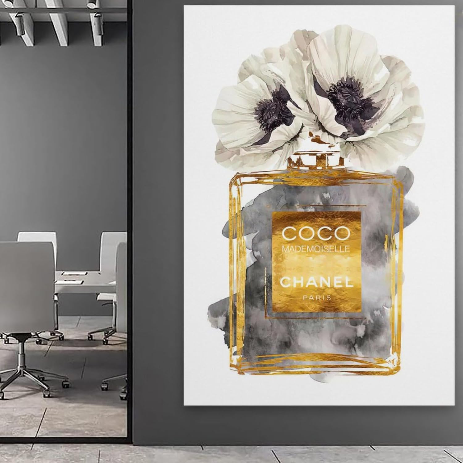 BanLaArt Fashion Perfume Bottle Dark Gold With Dark Grey & White Poppy Canvas Print Poster Decorative Painting Canvas Wall Art Picture Print Modern Family Bedroom Decor 12x18inch(30x45cm), style-4