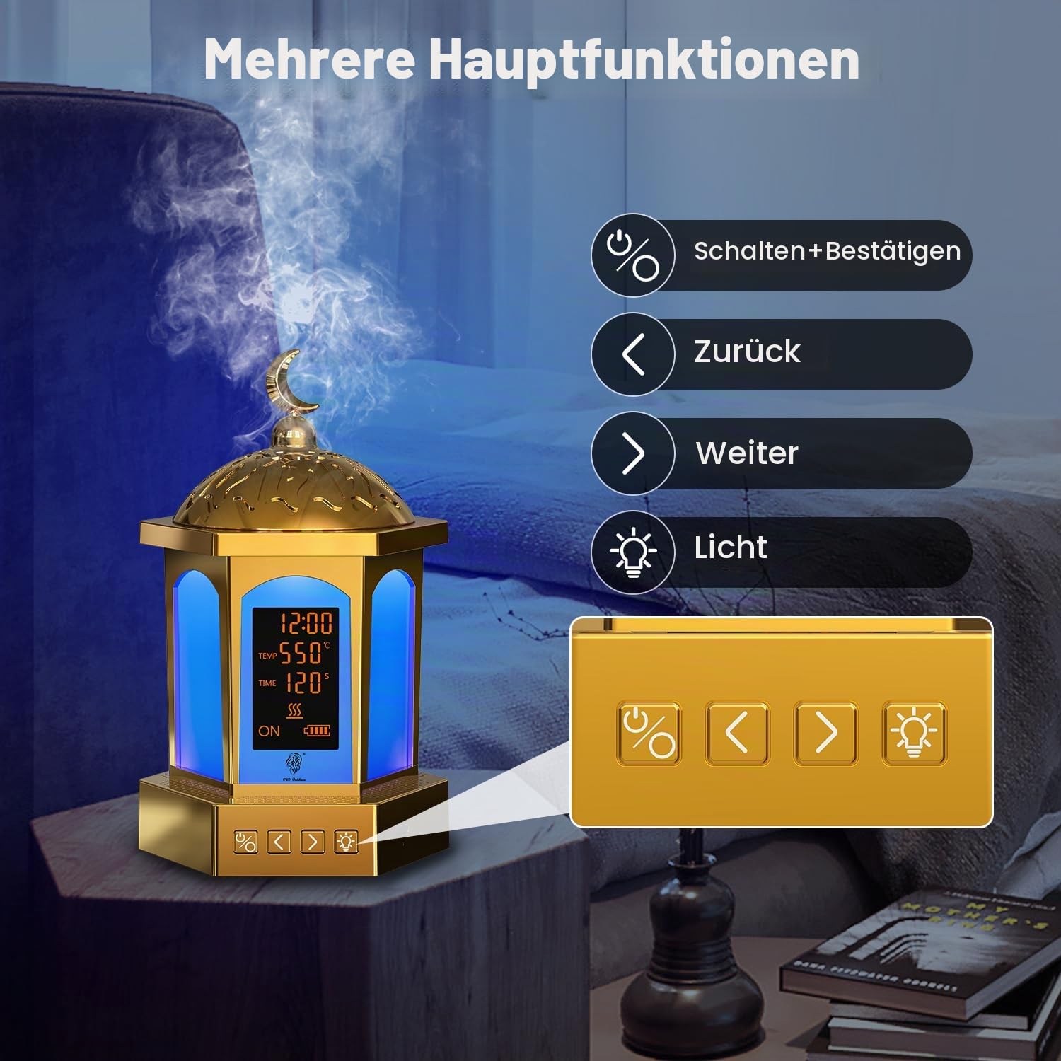 langanhaltender Bakhoor Brenner elektrischer Aroma Diffuser, USB Wiederaufladbar arabischer Räucherstövchen mit LED Display & 3 Temperatureinstellungen (500°C/120s - 300°C/300s)