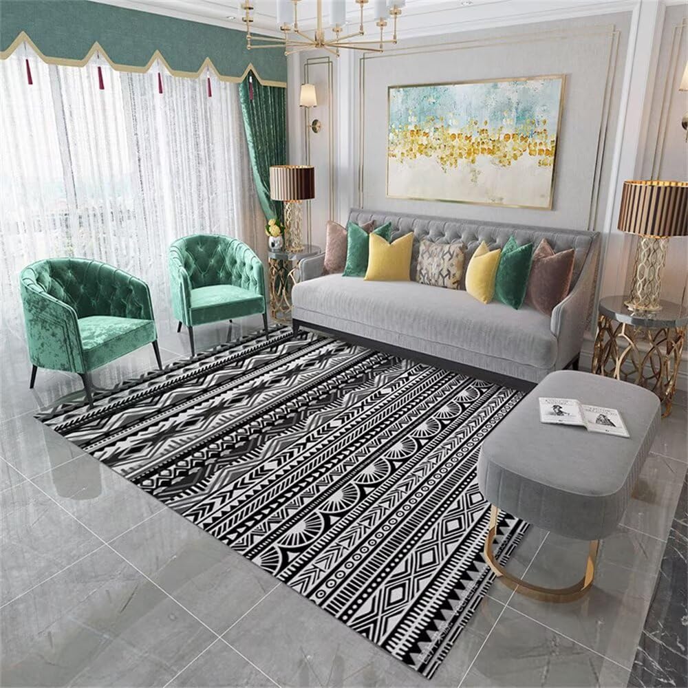Tapis de salon noir 200x250cm géométrique rétro rectangulaire