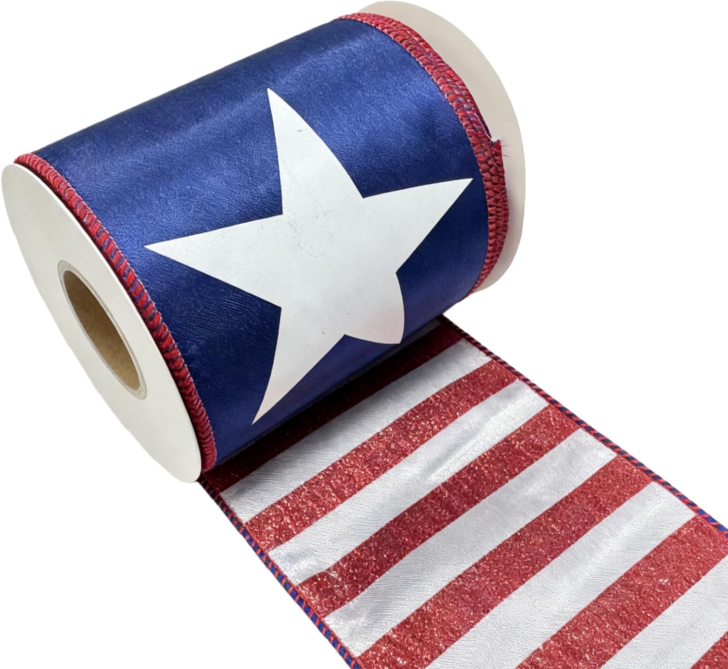 Meseey 10 Yards 4 Inch Patriotic Double Sided Wired Ribbon - Navy Star & White Red Glitter Stripe Fourth of July Memorial Day Decorative Ribbon for Wreaths, Bows, Crafts, Gift Wrapping