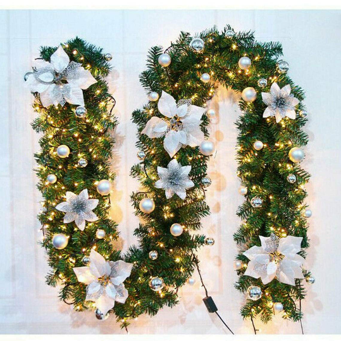 Aka Silver 9Ft/2.7M Christmas Garland With Light Led Tree Fireplace Diy Decor Door Wreath (Silver)