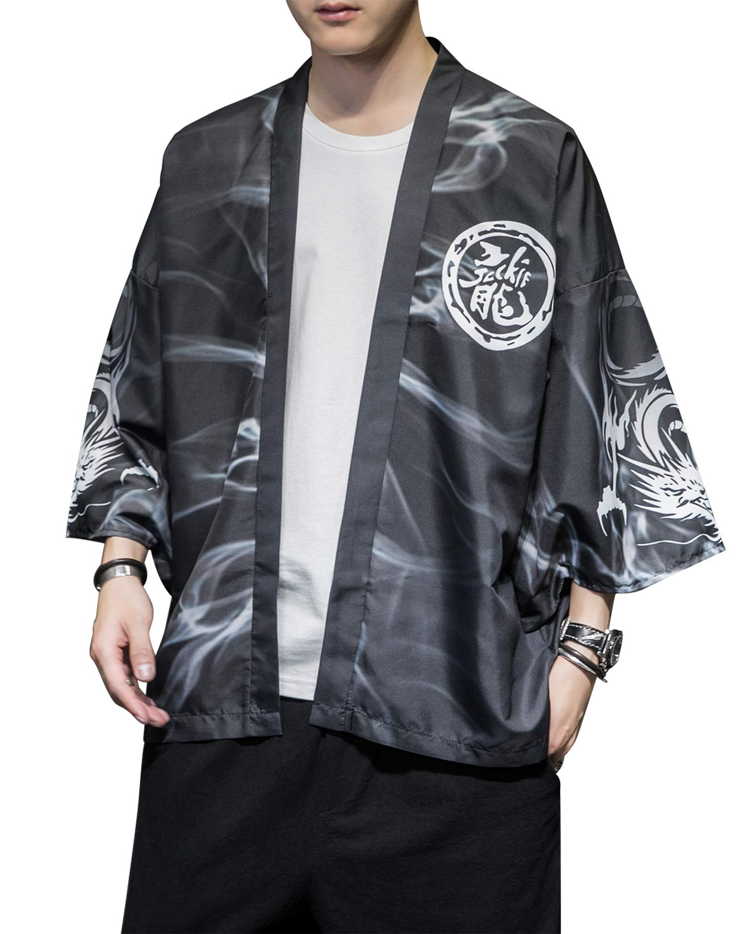 PRIJOUHE Men's Japanese Kimono Robe Jacket 3/4 Sleeve Open Front Yukata