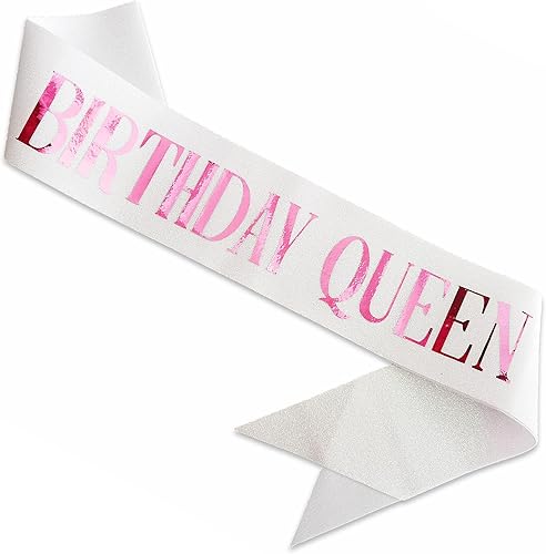 Vista 12 de Banda de cumpleaños Queen rosa, letras de papel de aluminio deslumbrante con purpurina para mujeres 21, 30, 40, 50, 60, regalos divertidos
