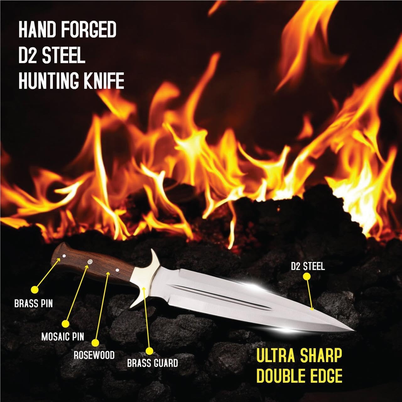 Handmade D2 Steel Dagger Knife 15” | Fixed Blade Full Tang with Leather Sheath – Tactical, Survival & Hunting Knife for Camping, Fishing, Bushcraft & Outdoor Use – Gift for Men by H&H Blades