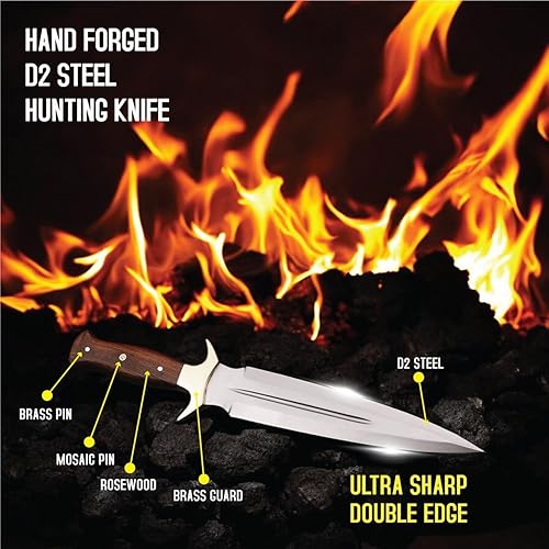 Miniatura 4 de H&H Blades - Cuchillo de daga de acero hecho a mano D2 de 15 pulgadas  Hoja fija de espiga completa con funda de cuero  Cuchillo táctico, de