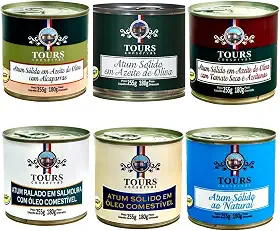 KIT 6 Atum em Lata Tours Conservas em Azeite, Tomate Seco, Alcaparras, Óleo Comestível, Ralado e Natural 255g cada