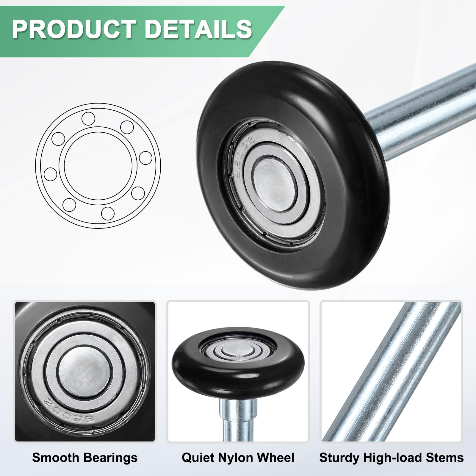 M METERXITY 4 Roulettes De Porte De Garage En Nylon, 1.8"/ 46mm Roues Silencieuses Pour Porte De Garage 4.72"/ 120mm Tige, Haute Charge 6200zz 8 Billes Roulement De Precision Scelle [Noir]