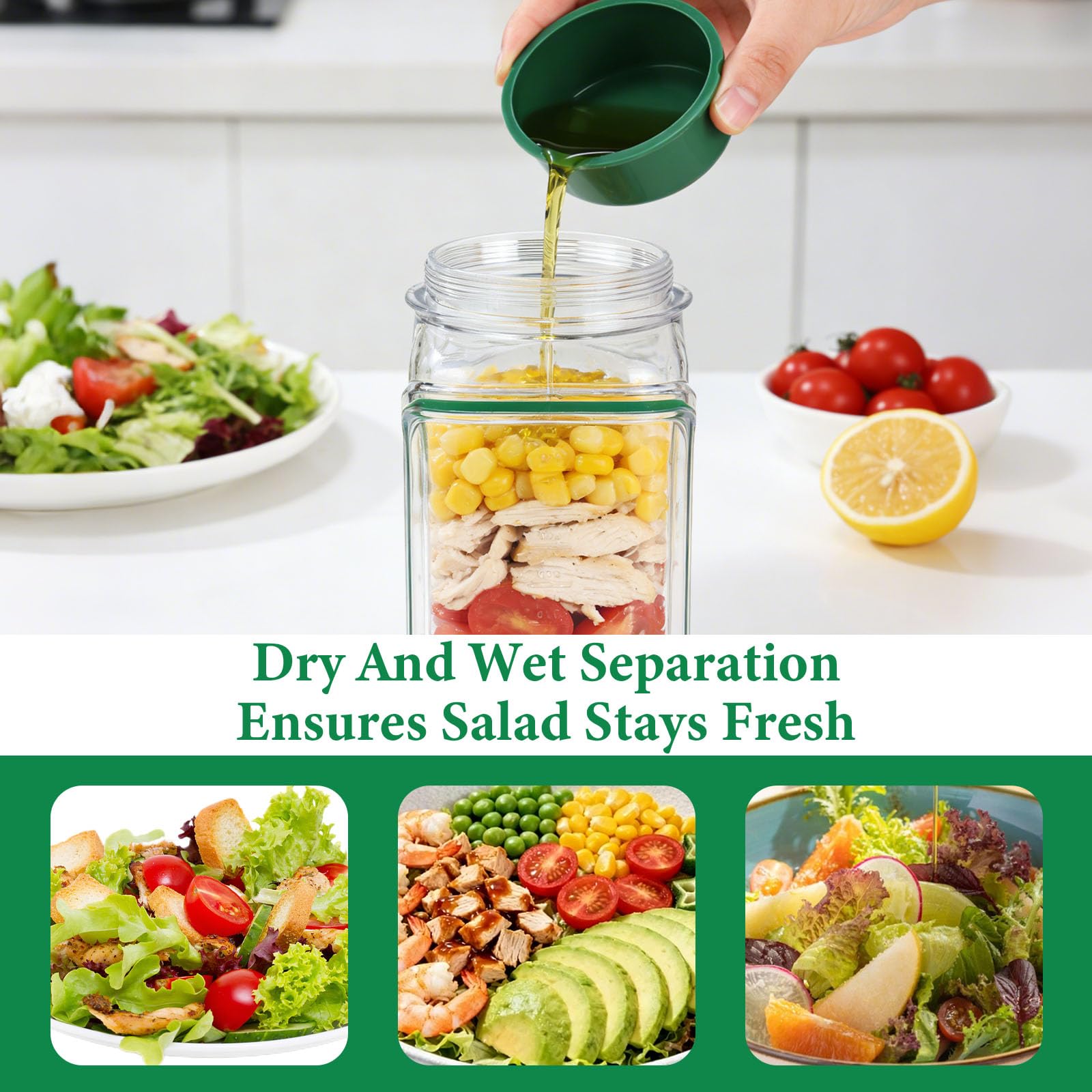 Mjuthy Ensalada de lado abrir con compartimento anti-fugas para aderezos – Recipientes para preparar comidas portátil, ensaladera reutilizable para oficina, gimnasio, picnic y viajes - 4