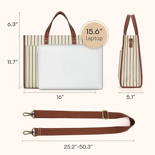 Miniatura 6 de Missnine Bolsa de lona para laptop de 15.6 pulgadas, bolsa de hombro de trabajo, maletín casual para viajes, oficina, universidad (rayas), Raya,