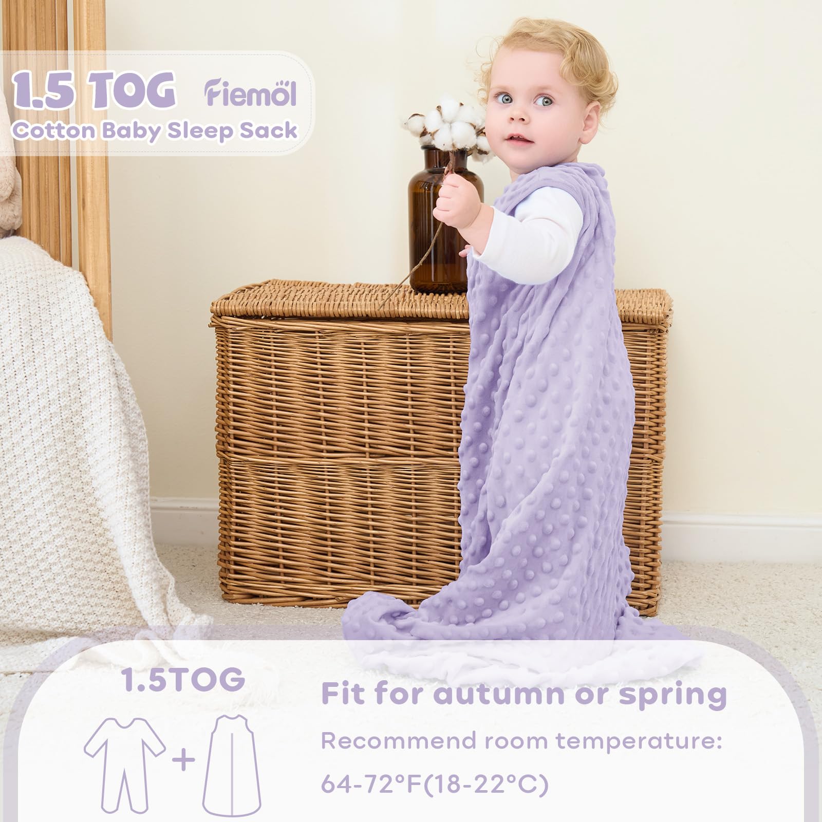 FIEMOL Sacco Nanna Invernale 18-24 Mesi, Neonato Sacchi Nanna 1.5 Tog Autunno con Pois di Peluche, Morbido Sacco Nanna per Bambini in Cotone, Confezione da 2 Pezzi Rosa e Viola