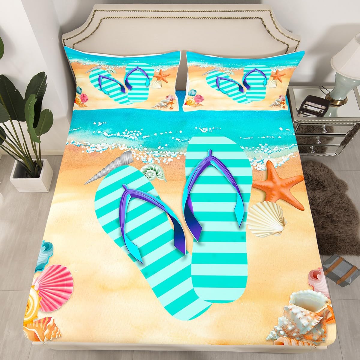 Homewish Flip Flop Sheet Set,Kids Teal Stripes Bed Sheets Set,Beach Shell Bedding Set for Boys Teens Sheets Soft Room Decor Twin Size(1 Flat Sheet+1