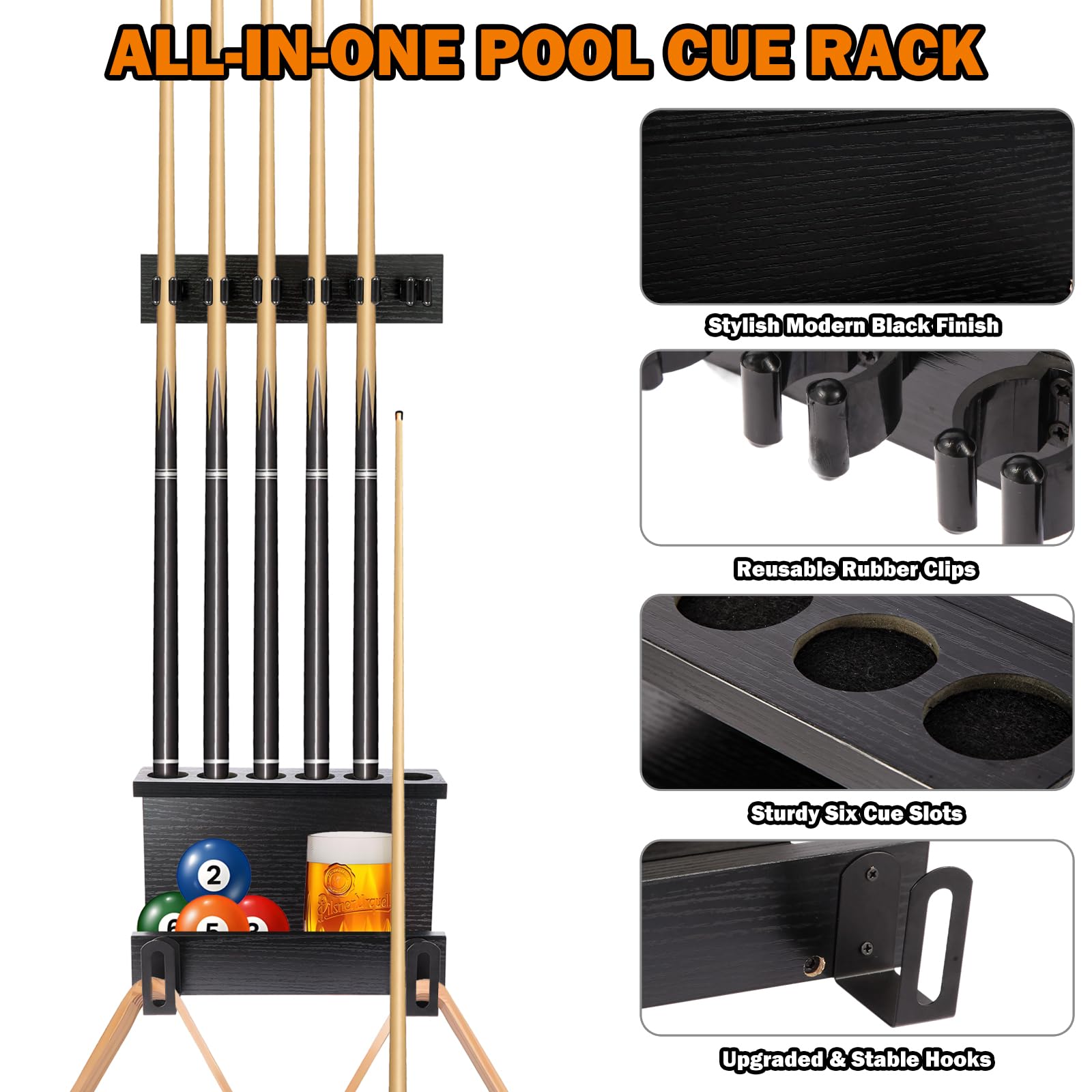 Support mural pour queues de billard, porte-queues 6 queues, bois dur, noir