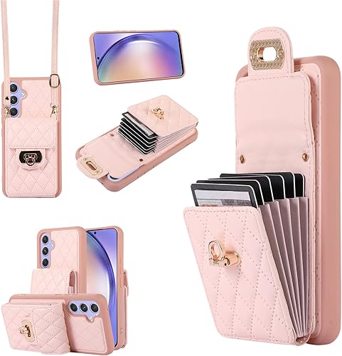 XYX Wallet Case for Samsung Galaxy A54 5G, Crossbody Strap PU Leather Accordion Organizer Card Holder Protective Case with Adjustable Lanyard, Pink