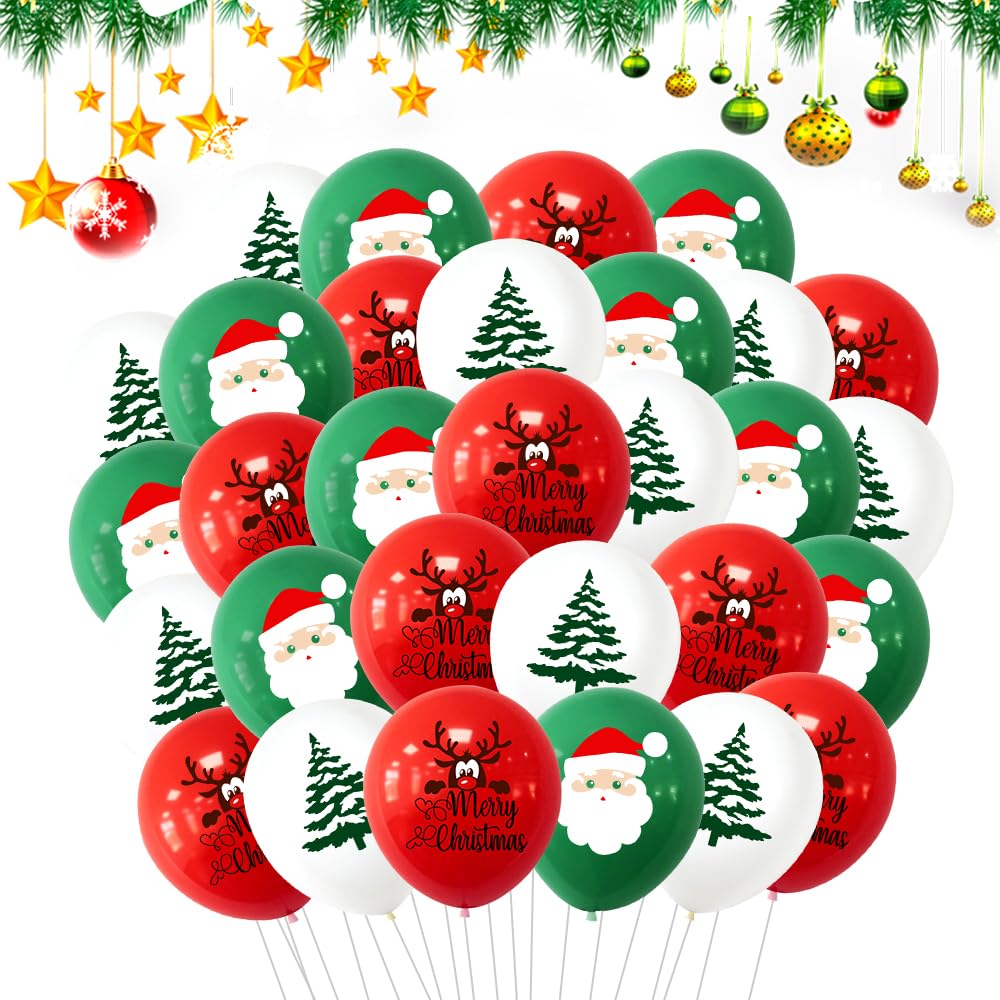 Merry Christmas Balloons 30 PCS, 12 Inch Latex Red Green and White Party Balloons, Santa Claus Pine Tree Elk, for Merry Xmas Party Supplies, New Year Parties Decorations