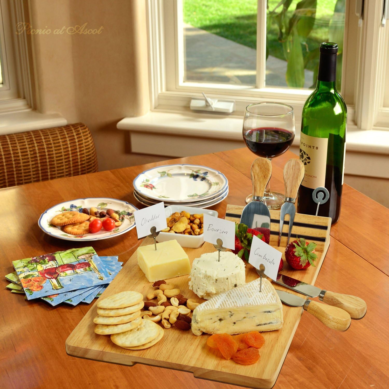 Personalized Engraved Hardwood Cutting Board with Cheese Knives, Cheese Markers & Ceramic Dish - Designed and Quality Checked by Picnic at Ascot USA