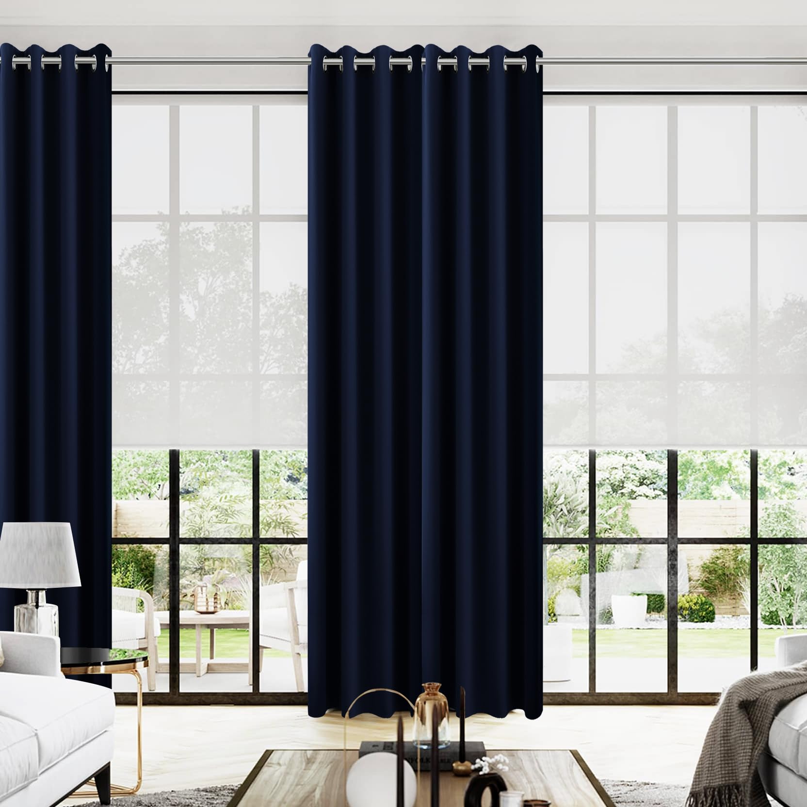 KOUFALL Navy Blue Drapes 96 Inch Long 2 Panels Window Treatments Curtains,Blackout Grommet Room Darkening Thermal Microfiber Silk Curtains for Living Room,Dark Indigo — image 1