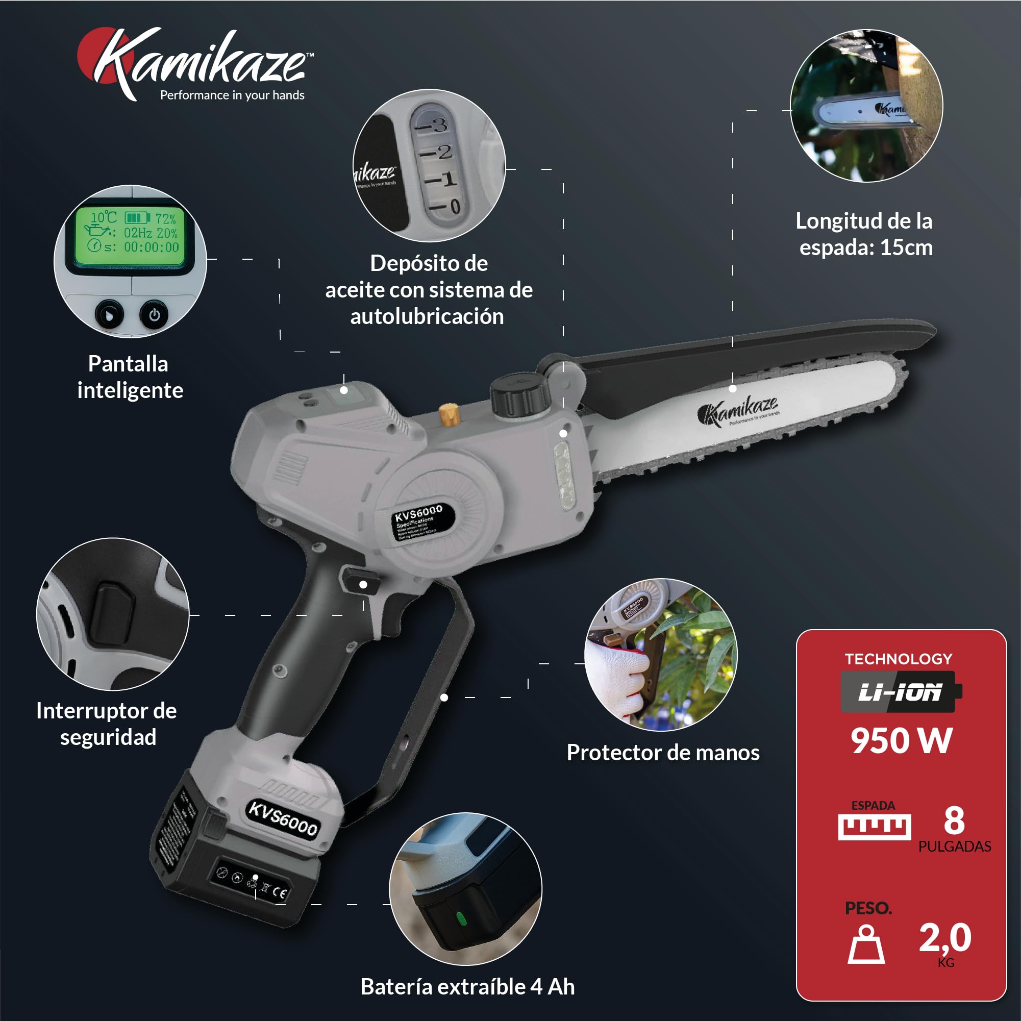 KAMIKAZE KVS6000 Mini Motosierra a Batería 21V, 6” 800W, Sierra Eléctrica Recargable con 2 Baterías 4Ah y Cargador Triple, Motosierra Portátil Inalámbrica con Luz LED, Maletín y Kit de Accesorios