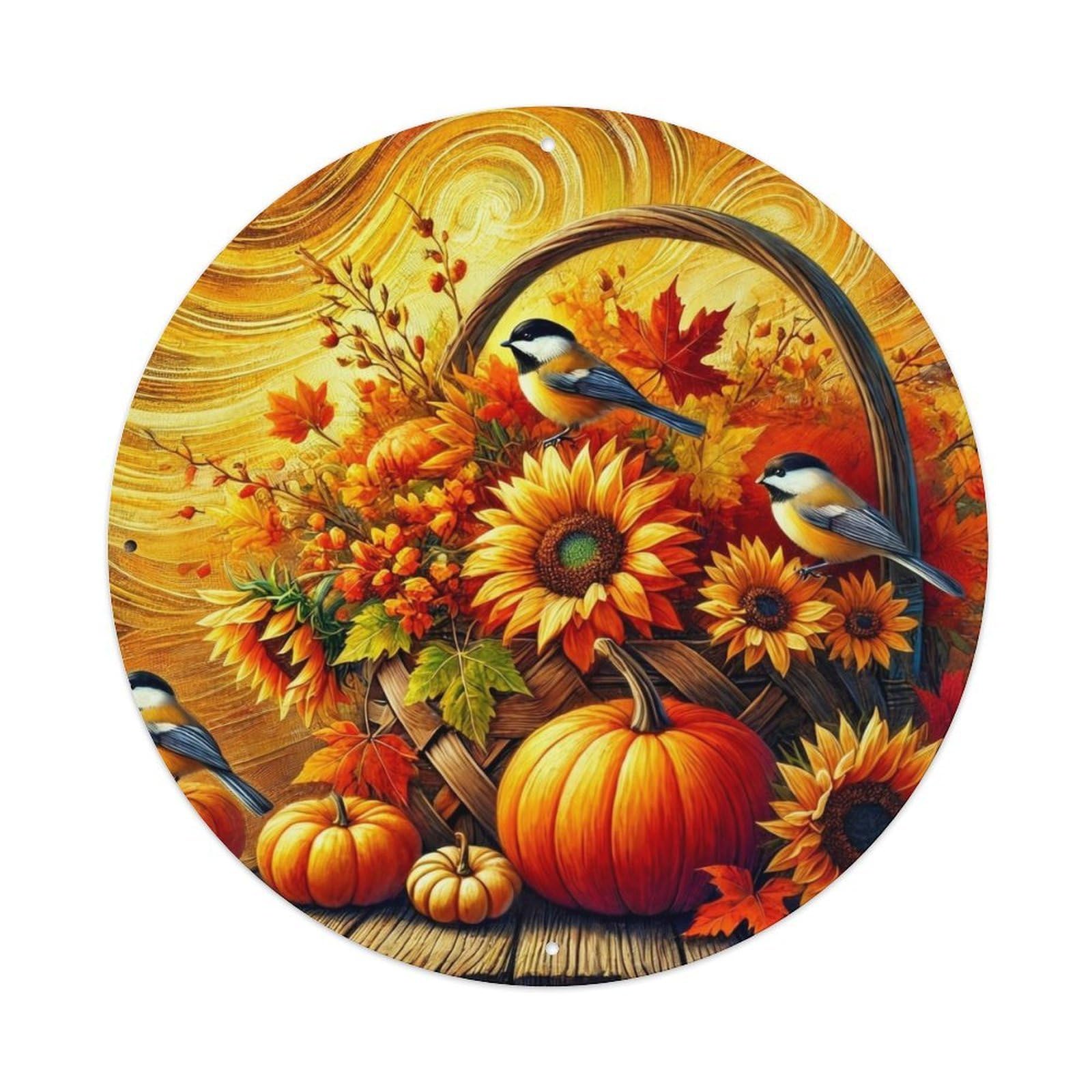 Autumn Harvest Basket Birds Sunflowers Metal Tin Sign Plaque