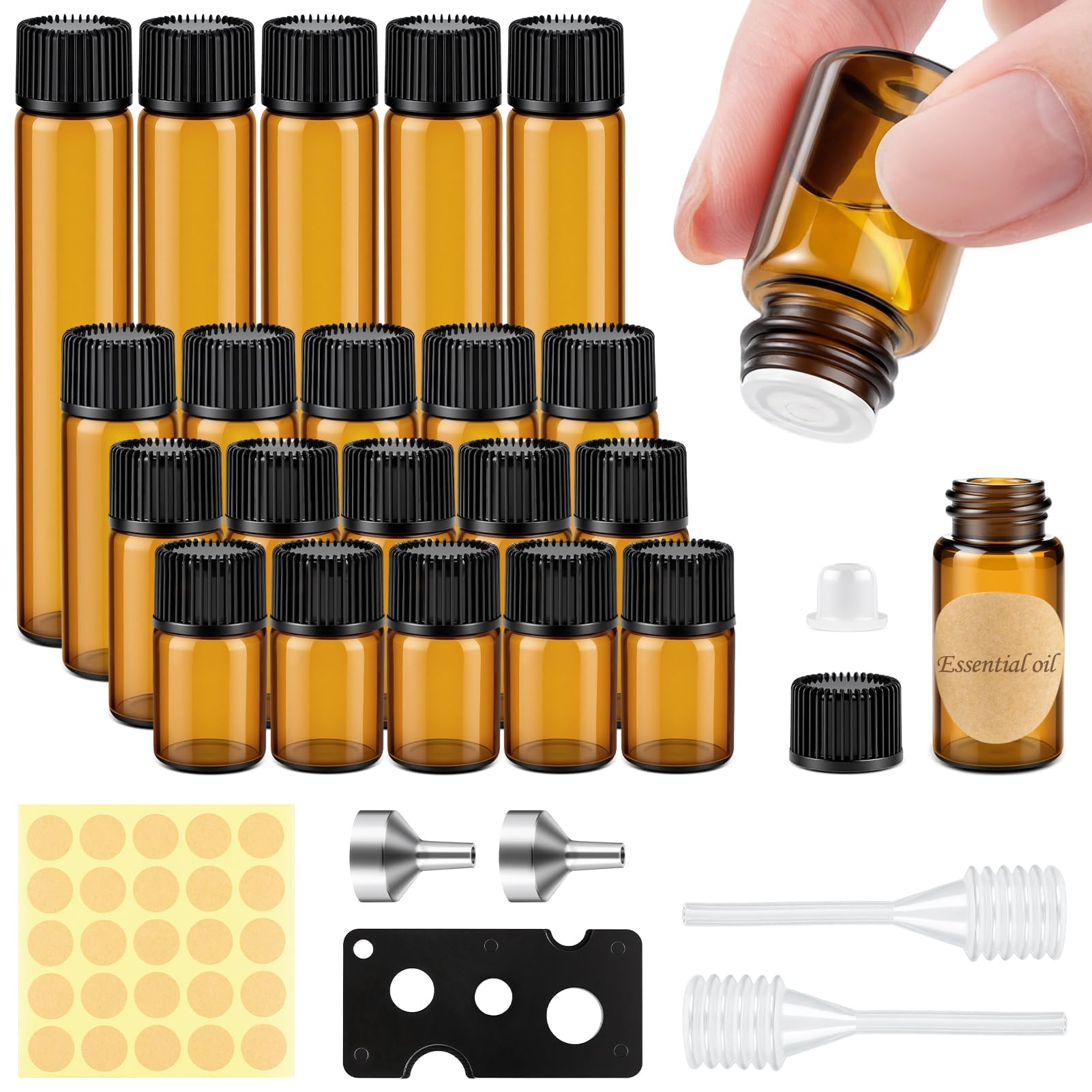 MELLIEX 20 Piezas Botellas de Cristal Marrón Mini Vacías con Tapa para Aceites Esenciales y Perfumes