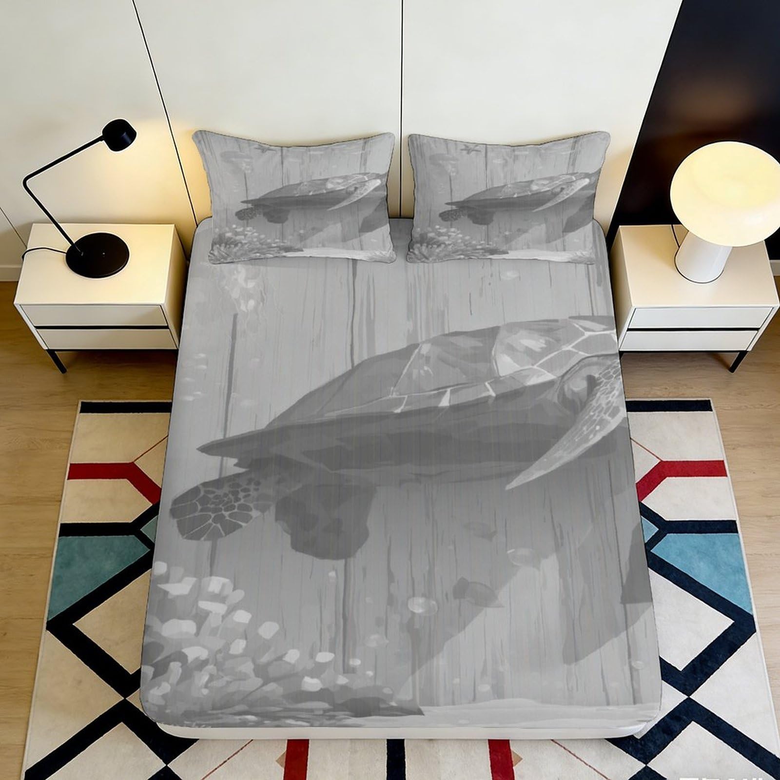 3D Printed Sea Turtle Fitted Sheet Microfiber Grey Ocean Bed Cover for Bedroom Guest Room Mattress Protection Decor 120x200x25cm