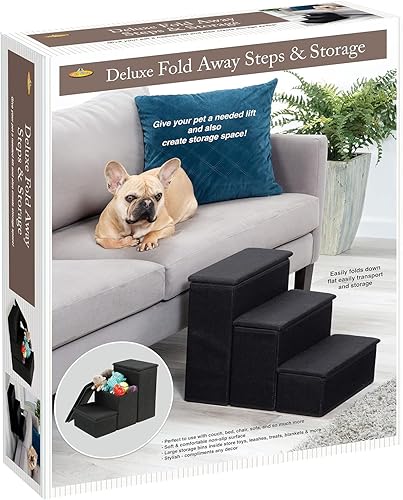 Miniatura 6 de Etna Escaleras plegables para mascotas de 3 escalones con almacenamiento, para perros, gatos, tapizados de tela, tapizados y acolchados, color negro
