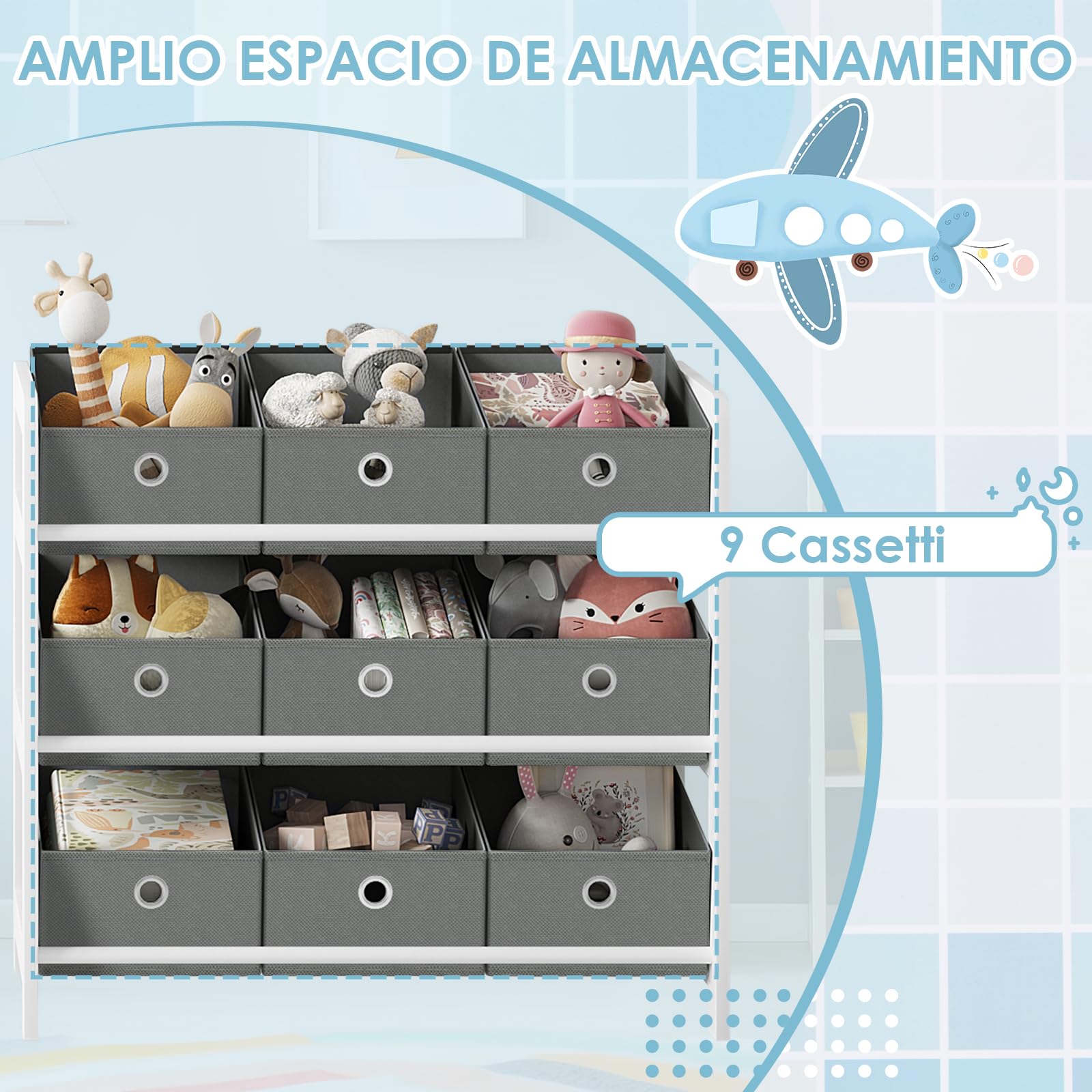 Lestarain Estanteria Infantil de Madera Maciza, Organizador Juguetes y Libros Niños, Estantería Almacenaje 3 Niveles de 9 Cajas, Mueble Infantil para Guardería y Habitación Infantil, Blanco+Gris | Madera; habitación infantil; sala de juegos; guardería; 63