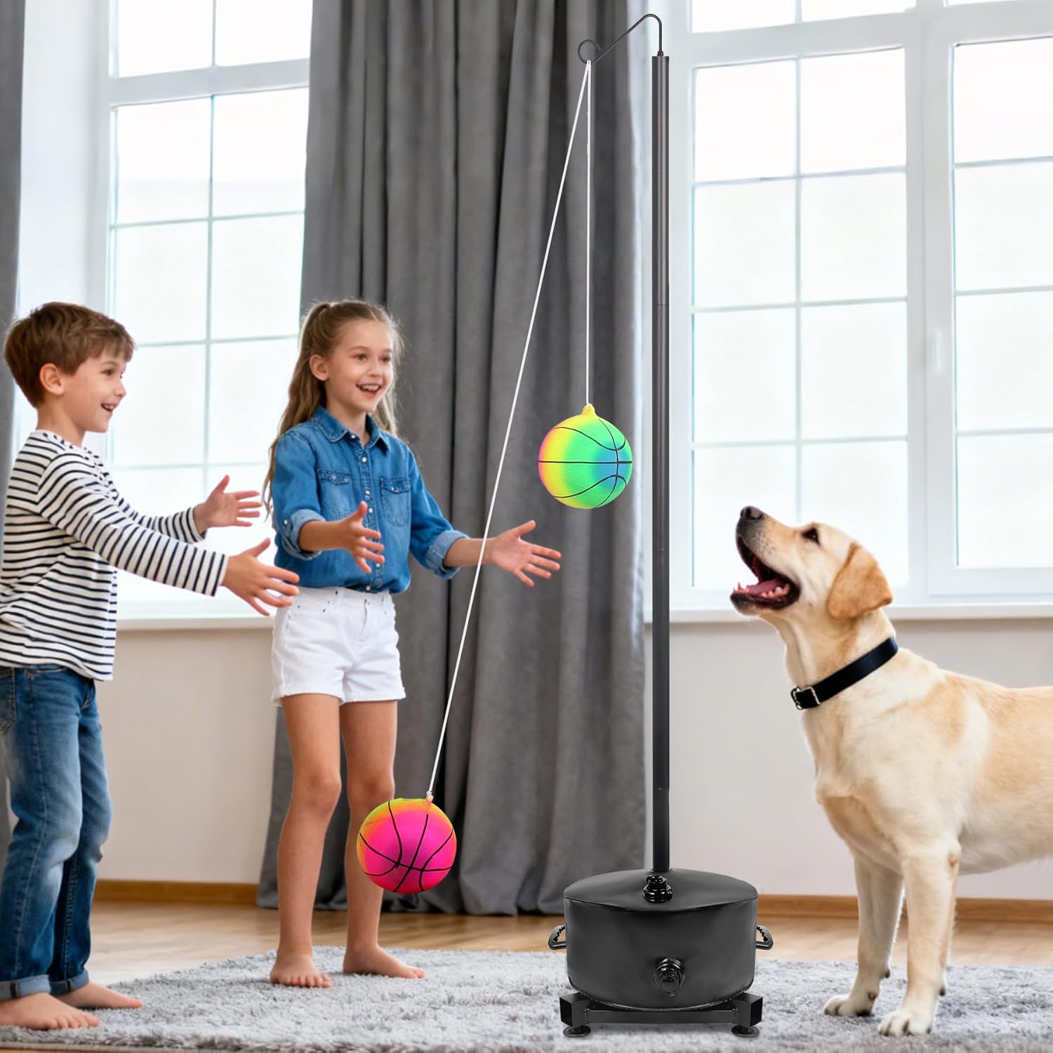 Portable Tetherball Set with Ball and Rope, 5 Adjustable Height Poles with Water Bag Base, 2 Colored Balls, 2 Rope Sets, Elastic and Inelastic for Kids & Dogs Play in Indoor & Outdoor