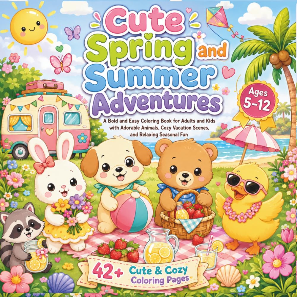 Cute Spring and Summer Adventures: A Bold and Easy Coloring Book for Adults and Kids with Adorable Animals, Cozy Vacation Scenes, and Relaxing Seasonal Fun