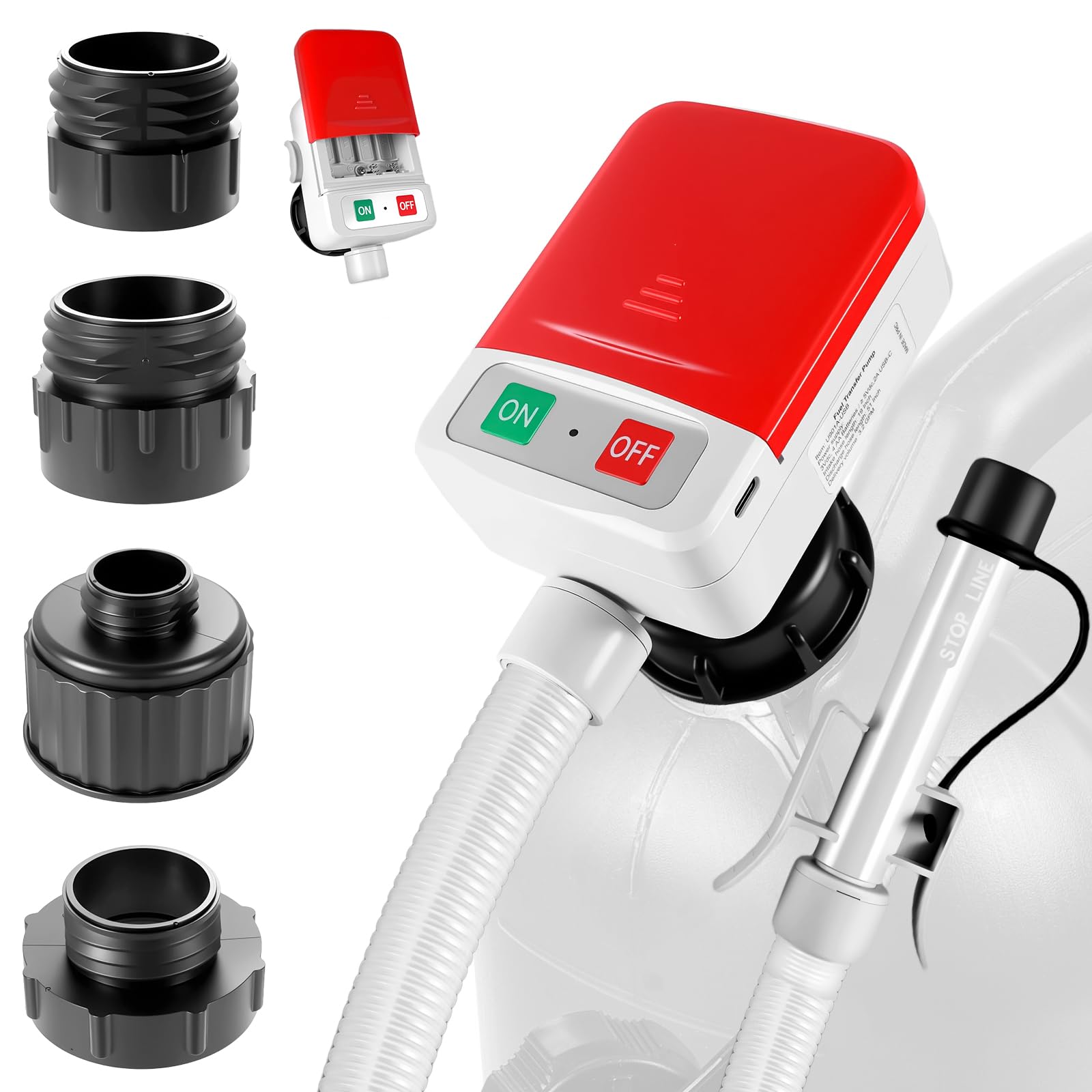 Pompe Électrique pour Carburant avec Stop Automatique, 3,2 GPM (12 L/min) Adaptateur 4 Tailles | Tuyau 1.3m pour Essence, Gaz, Diesel | Fonctionnement via USB